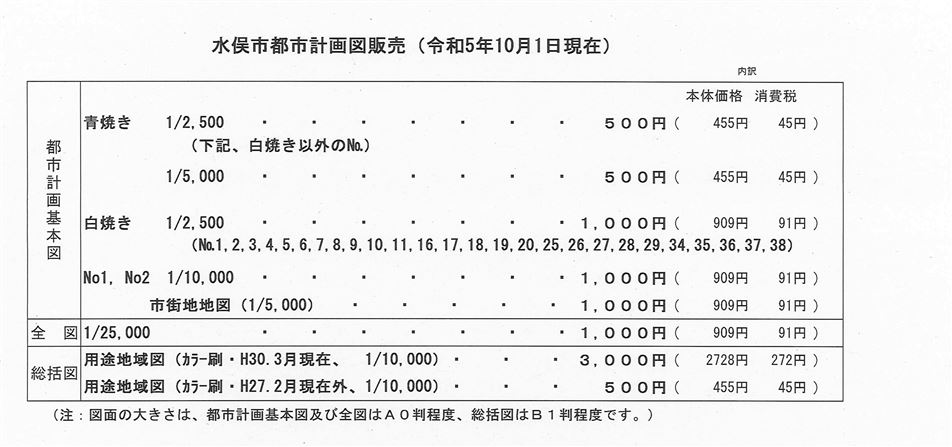 都市計画図 窓口用料金表(2023.10.1付 R7修正2)
